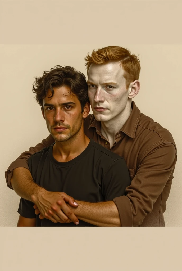 2boys, captain_haddock, blue eyes, black hair, hugging with a shaved young man with blonde hair ,  <lora:haddock-35:0.65>