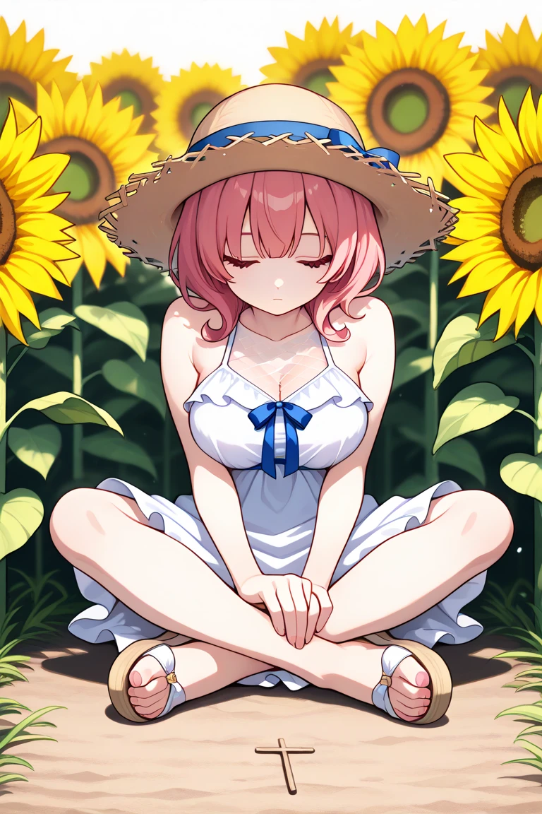 (One transcendent beautiful girl)、ultra-detailed、(8k, RAW photo, best quality, masterpiece:1.2), (extremely detailed 8k wallpaper),professional lighting,sharp focus, depth of field、(((close up face)))、Beautiful legs、Sandals、nfws,((Pink fluffy short bob、rainbow colored curl hair、Curly hair))、Flower Hair Ornaments、shoulder、clavicle、Sunflower field(Sunflowers are facing the same direction),Straw hat、Flare One Piece、Off the shoulder、The wind is blowing、Straddle a man、Spread your legs、close your eyes and yawn
