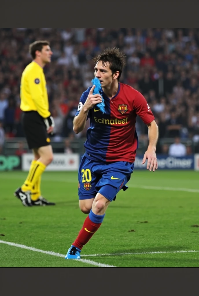 Jogador de futebol com uniforme azul e vermelho segurando um frisbee azul, poser, Lionel Messi, o melhor de sempre, Messi como um viking, Retrato de Lionel Messi, Put the cyborg, Messi mergulha em Ronaldo, Foto premiada - Premiado, Tiro premiado, tiro focado, Wining, fim de uma era, futebol, desporto, foto vencedora, fantasia!!!
