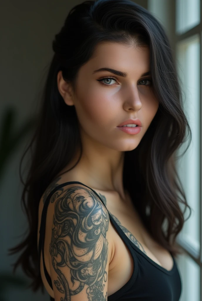 caucasian woman, Scrawny, eyes browns, with long black hair, Black and white flower tattoo on the arm, with large breasts and a large strapless top with a generous neckline, next to a blue bmw