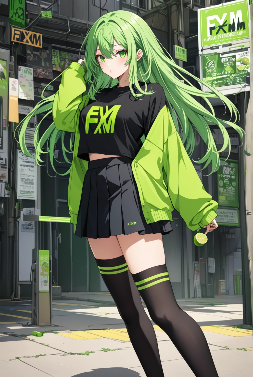 ((masterpiece, best quality, high resolution)), expressive eyes, perfect face, solo, pigtails, green hair, light-blue eyes, medium breasts, black t-shirt, black skirt, black thighhighs, black sneakers, cyberpunk, sitting on edge