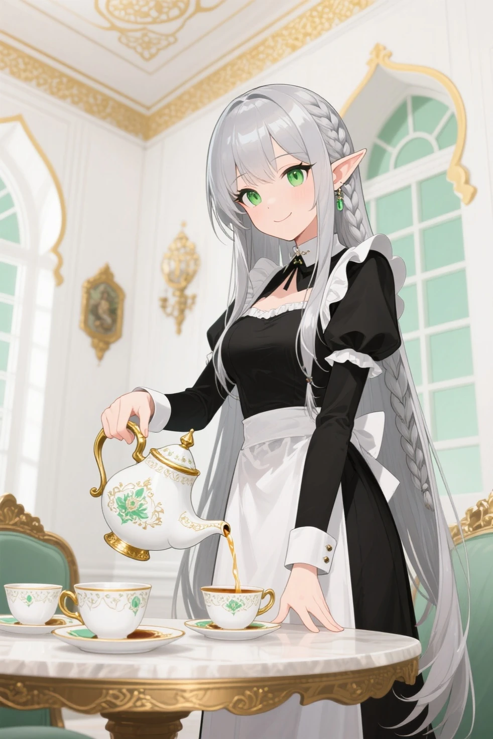 Illustration of a beautiful girl in a cute pose,(Masterpiece: 1.2), (Best quality: 1.2), A cute girl with long black hair, dressed in a classic black and white maid outfit with frilly lace and a matching headband, is standing in a beautifully decorated Victorian-style parlor. She is holding a silver tray with a teapot and teacup, her expression a mix of professionalism and warmth. The background includes ornate furniture, a chandelier, and large windows with heavy drapes, all bathed in soft afternoon light. This illustration emphasizes the elegant and welcoming atmosphere of a high-class tea service