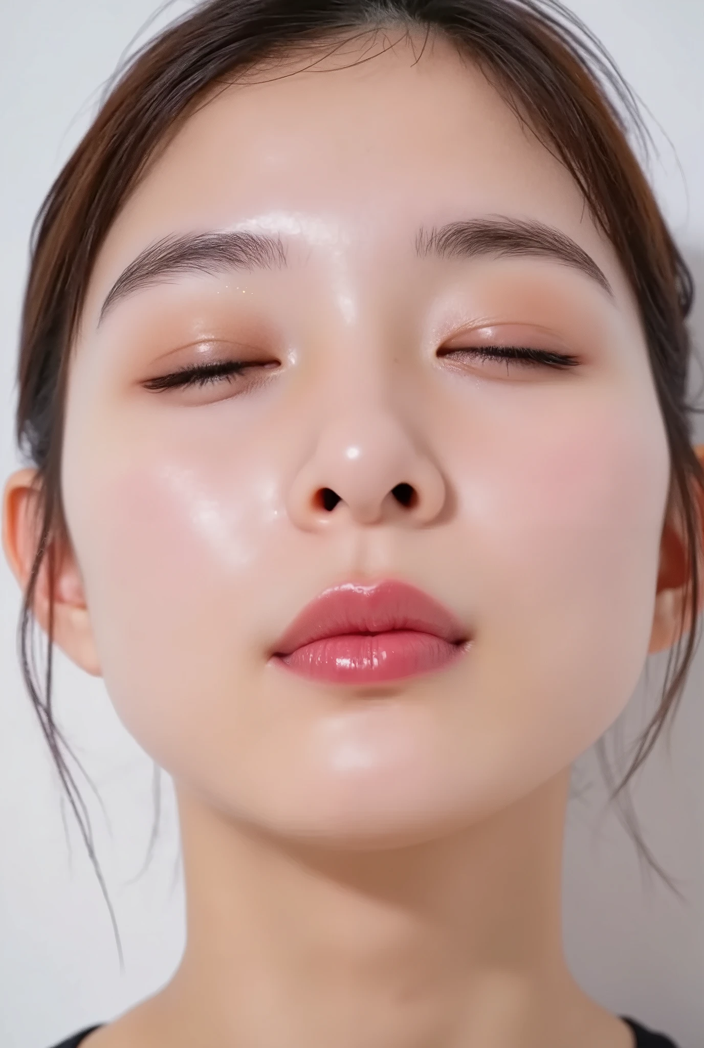 ultra-detailed close-up of a cute and beautiful young woman, collarbone-up composition, white studio background, soft diffused daylight, high-key exposure, clean and vibrant modern color grading, realistic smooth skin with visible pores and subtle peach fuzz, matte facial skin texture, slightly flushed cheeks and ears for a shy expression, big kawaii energy, soft facial features, full glossy lips in a rounded O-shape kiss, lips protruding with intense shine and shimmer, vibrant cherry pink lip gloss as the only makeup, chin gently raised with a subtle upward stretch, camera angle from 35–45 degrees above, face and head perfectly framed, dreamy euphoric smile with eyes gently closed, black camisole strap visible, soft head tilt, hands behind the back and out of frame, ultra-soft background bokeh and facial contour blur to emphasize lips, longing expression, dere-dere mood, cute and loving aura, subtly tilted mouth for added sweetness, youthful and modern hairstyle with airy light layers