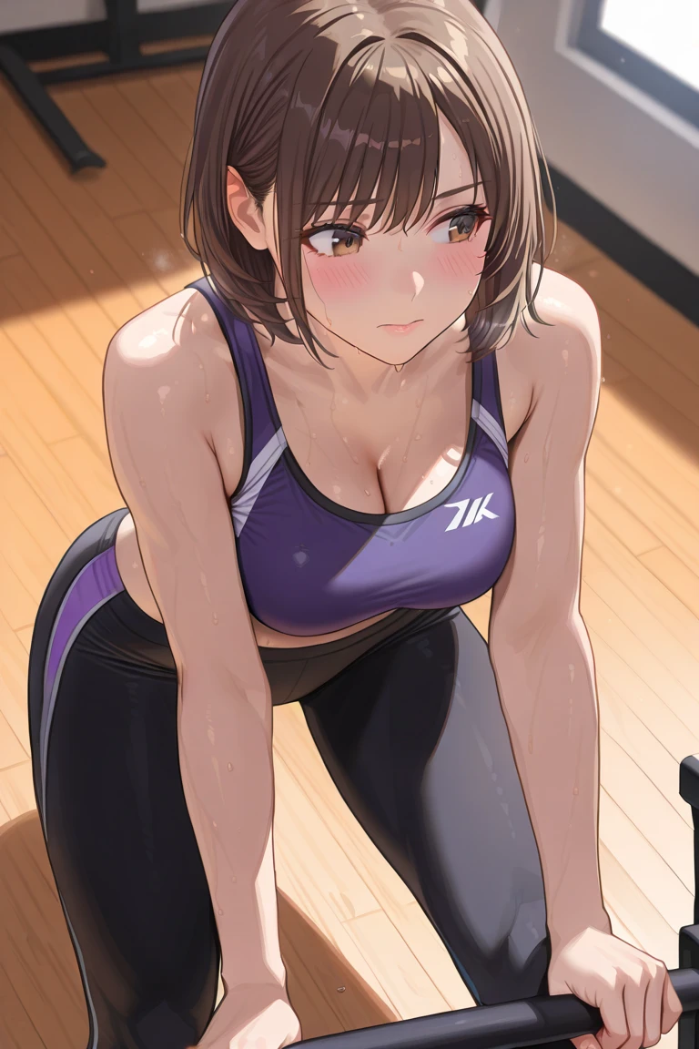 (Highest quality, 8K, 32k, masterpiece, Ultra-high resolution: 1.2), 1 Girl, Beautiful Japanese Woman,Close-up of chest, errect nipples,thinウエスト, Attractive Office Lady,Sports Bra,sports gym , Are standing ,Leaning forward,Beautiful Face, Brown Hair, Bob Hair, Saggy eyes, Slender figure,Cleavage, thin, whole body, Detailed expression down to the fingertips,Sexy thighs, One Woman, alone, A charming smile,Sweaty, glistening skin