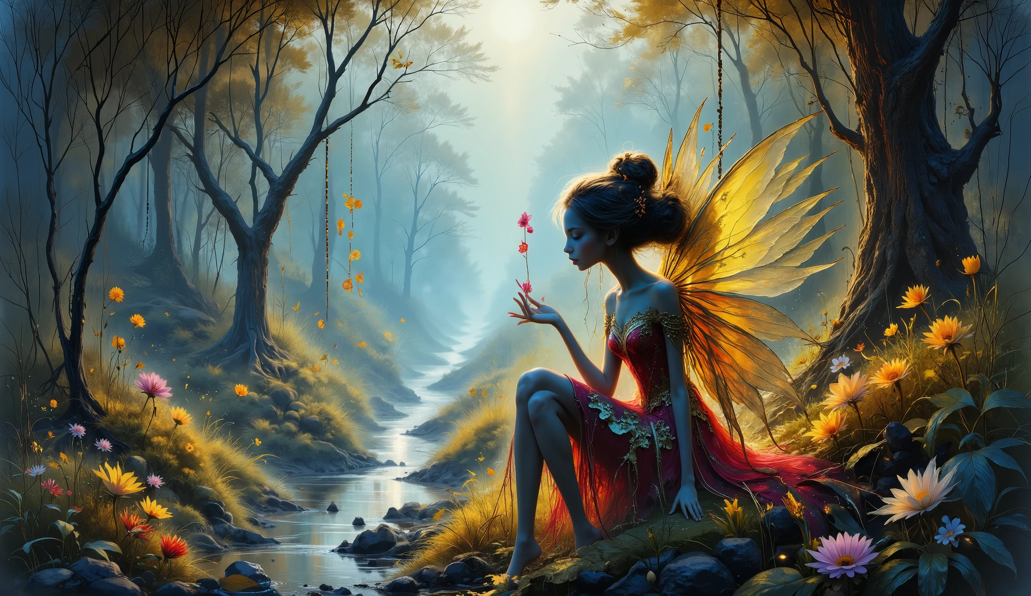 Fairy, flowers, magical forest background, high detail, masterpiece.