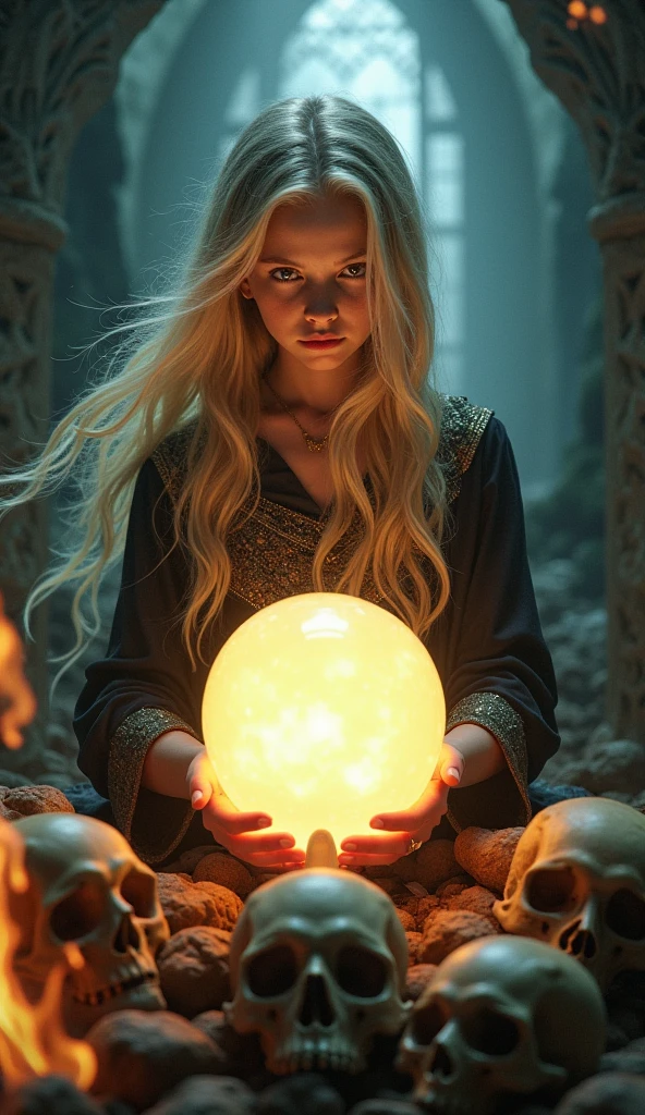 androgynous teenager with long thin brown hair, plain black t-shirt black pants, holds a large gold stone, behind him is a hawk-faced guardian, simple silver armor and white cloak illuminating