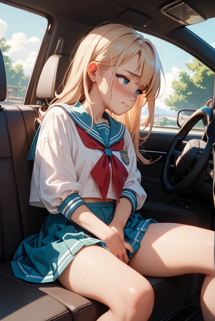 One person、Baby Face、、smile、human、6 year old girl、Long Hair、Tying up hair、Blonde、With bangs、small、1st grade elementary school students、Big eyes、barefoot、black eye、cute、Are thin、Very small breasts、身長のsmall、体のsmall、Short legs、School uniforms、(((In the car)))、Luxury vehicles、Bare Skin、Show the whole body、 (Circular muzzle)