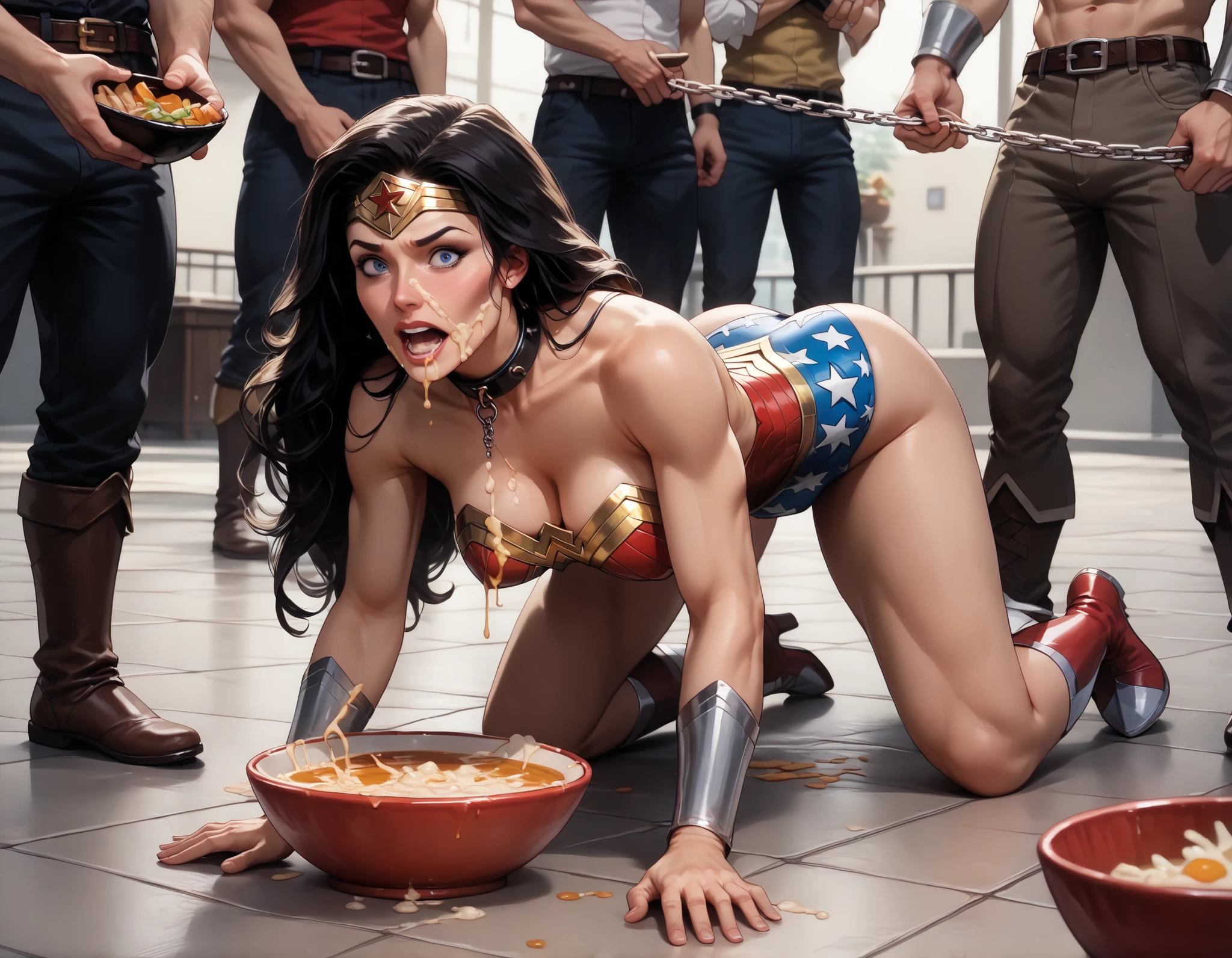 Wonder Woman in a state of servitude , crawls on all fours like a pet with a necklace and chain around her neck. Wonder Woman must be portrayed with her hands tied behind her back and her legs tied, with a collar around her neck. Your facial expression may convey a sense of dread , as she is forced to crawl on the ground like an animal . The image must have a dark and degrading tone , with Wonder Woman in a dark and humiliating situation . corpo molhado, (ten men in the background :1.3), (a bowl of food in front of her:1.4) shocked expression , chorando muito. ((Side view))