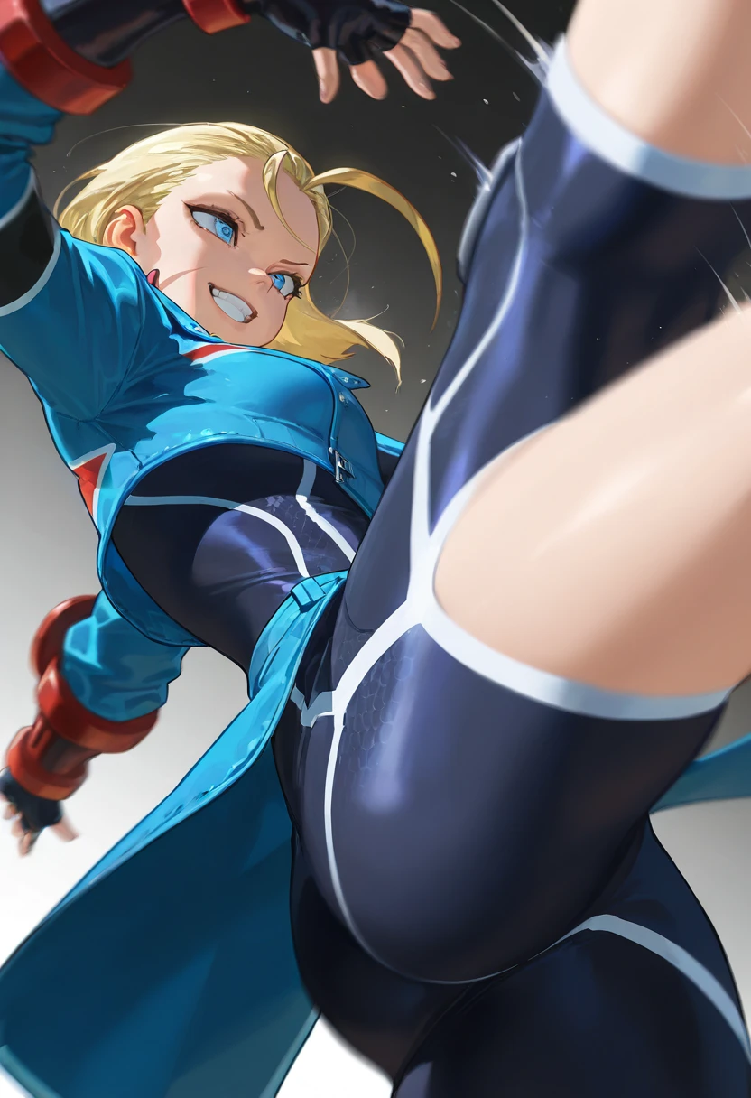 Ms. Fortune (Skullgirls) combat pose, somersaulting in the air, legs open, detailed battlefield, spinning kick, movement, blood, focus on face, detailed eyes, perfect face, smiling.