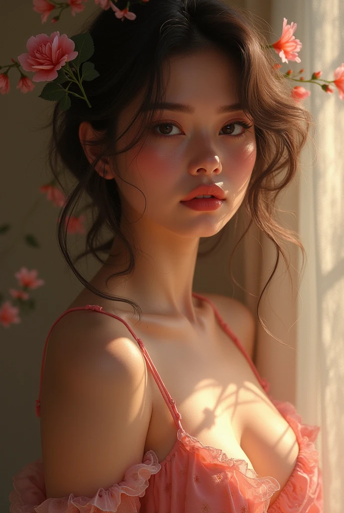 "Long brown hair with light waves、beautiful asian woman, She wears a cherry blossom-print kimono, Her chest is exposed、wearing flowers in her hair. The woman looks at the camera with a curious expression.. The photo was taken from the front.. Picture frame with red flower, Matte black background"