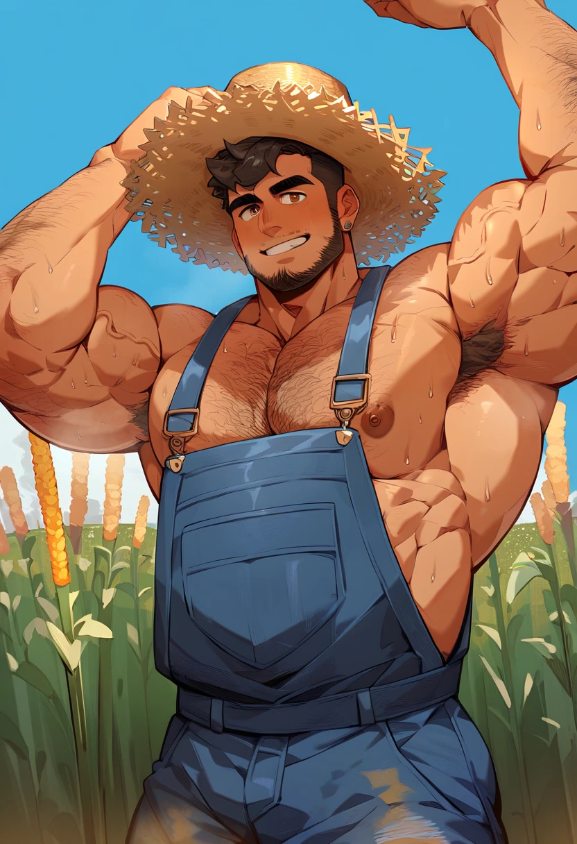 ((A muscular and bearded farmer man with huge manly breasts and puffy nipples)) (he also has a bit of body fat on him and has bigger and fatter belly covered in pubic hair)),((is located on farm and milking his huge man breasts through milking machine)), ((He is enjoying himself as his breasts are sucked aggressively by milking machine and he becomes erect)), ((He is wearing tight short unzipped jean-skirt, suspenders and straw hat)),, (((his huge lactating breasts are hanging loose from his farmer t-shirt))) . ((He is blushing and massaging his manly breasts)),  ((Nsfw)), ((milking)),  ((milking machine is connected to his breasts)) , cows in the background, (( he produces so much milk the machine is overflowing:0.2)), his fellow farmer milks his erect nipples as milk sprays from them, ((his dick is being milked too)), ((inspired by Hitomi Tanaka’s milking porn)),