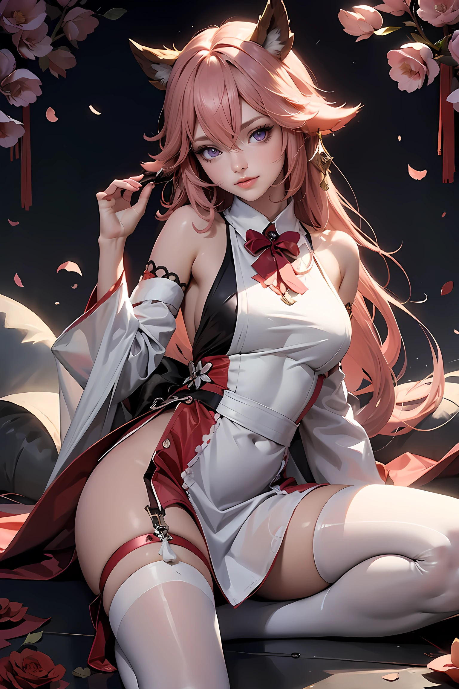 (Masterpiece, Excellent, 1girl, solo, complex details, color difference), realism, ((medium breath)), off-the-shoulders, big breasts, sexy, Yae Miko, full body, beautiful feets, long pink hair, red headdress, red highlight, hair above one eye, green eyes, earrings, sharp eyes, perfectly symmetrical figure, choker, neon shirt, open jacket, turtleneck sweater, against the wall, brick wall, graffiti, dim lighting, alley, looking at the audience, ((mean, seductive, charming)), ((cherry blossom background ))),((Japanese temple background)))), (((Glow-in-the-dark background))), nsfw