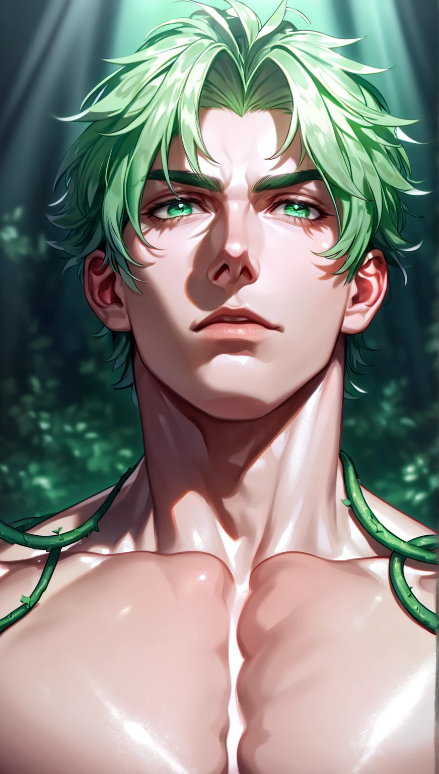 dark tanned skin,Handsome boy, Cat ears and tail, Shining eyes, (((Messy green short hair))), Very detailed portrait. The focus should be on his extremely detailed face,,muscular,Abdominal muscles,Chest muscles,Topless,Lazy sleep