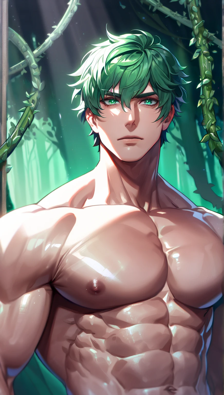 (hyper-realistic digital illustration), hires, best quality, underwater world, wide angle, swimming, athletic body, male, iridescent skin, flat chest, silver eyes, green hair styled in spikes, determined expression, bioluminescent lighting, wearing fashionable black small thong, full mast, erect bulge, erect bulge, visible through underwear , small waist, broad chest, big mane, slim scruffy, muscular
