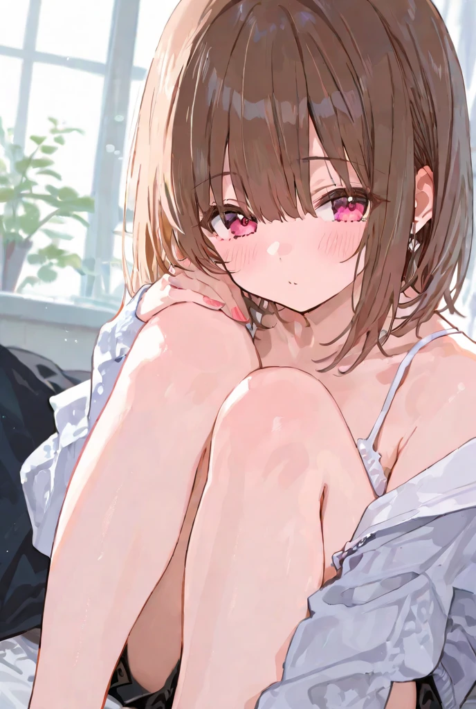 nakasu kasumi、Nijigasaki Gakuen、Bobcut、ワンレングスBobcut、Yellow-brown hair、short hair、Asymmetrical hair、Long left bangs、Red Eye、Bedroom、On all fours、White bra、White panties、Small breasts、cute、ultra hi resolution picture、Detailed Background、looking at the camera、In underwear