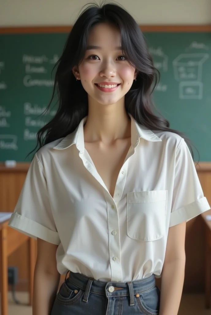 (Highest quality、Tabletop、8k、Best image quality、Award-winning works)、(Beautiful 18 year old school girl:1.1)、(White polyester collared shirt:1.1)、(Navy Pleated Skirt:1.1)、(Large Breasts:1.3)、(Accentuate your body lines:1.1)、(Voluptuous body:1.2)、Girl portrait photography、Glowing Skin、Standing Elegantly、(Perfect blurred school classroom background:1.1)、(Classroom large blackboard background:1.2)、Beautiful smile、(Face close-up:1.1)
