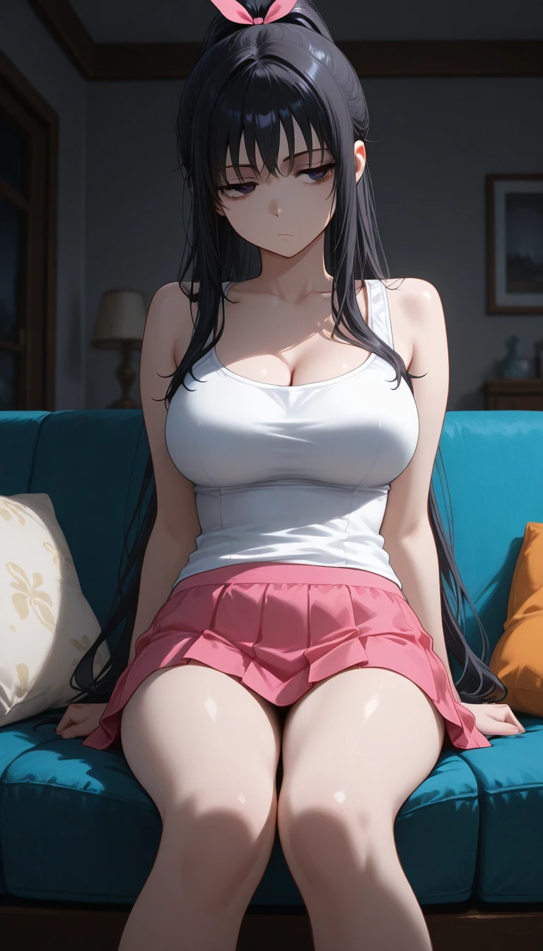 (best quality:1.5, highres, UHD, 4K, detailed lighting, shaders), black long hair, busty, camisole, hot pants, sitting on bed, smiling, cleavage, sexy, (pov, close shot), thighs, livestream platform