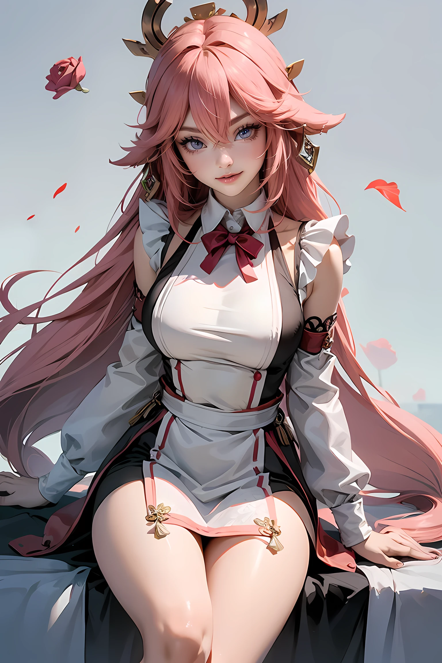 Close-up of a gradient pink hair woman wearing a white mask, artwork of shorts short skirt, seductive redhead, Yang J, epic fine character art, stunning character art, vest line