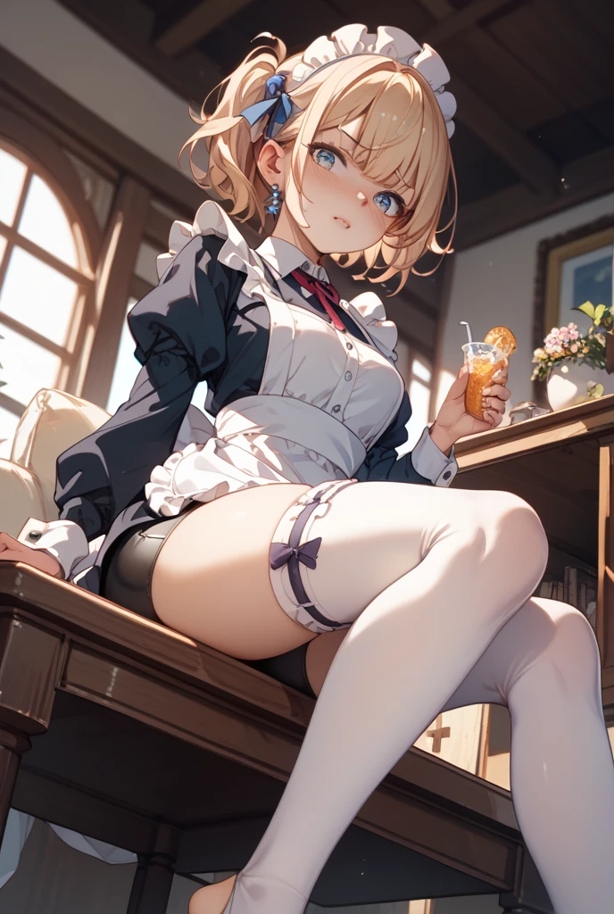(masterpiece, Highest quality), (Ultra-high resolution, 8k RAW photos, Photorealistic:1.5, Fabric Shading, Thin contours), Beautiful mature woman preparing a tea party in the garden, (Tea set, you can, Tea cup, Some cakes on a plate), Gothic Table, (伝統的なダークブラウンのMaid clothesを着用, Maid clothes:1.2, Long Flared Skirt, apron), tall and leggy, Long white hair, Wearing borderless grass, (Mature Woman:1.5, 28 years old, alone), ( Tight waist), (Long white hair, Hair on one eye, Updo, Side Lock, Asymmetrical Hair, Wavy Hair), (Bright Eyes, Fine grain, A face with attention to detail, perfect face shape, Bloodshot eyes), (A seductive smile, Half-close your eyes), (Looking at the audience:1.3), (Dynamic Angle, Thigh focus, From side to bottom:1.2), ((Correct Anatomy:1.5, The right move)), (Ideal body proportions), Outdoor, Glass Garden, ((Garter Stockings))((black thong))