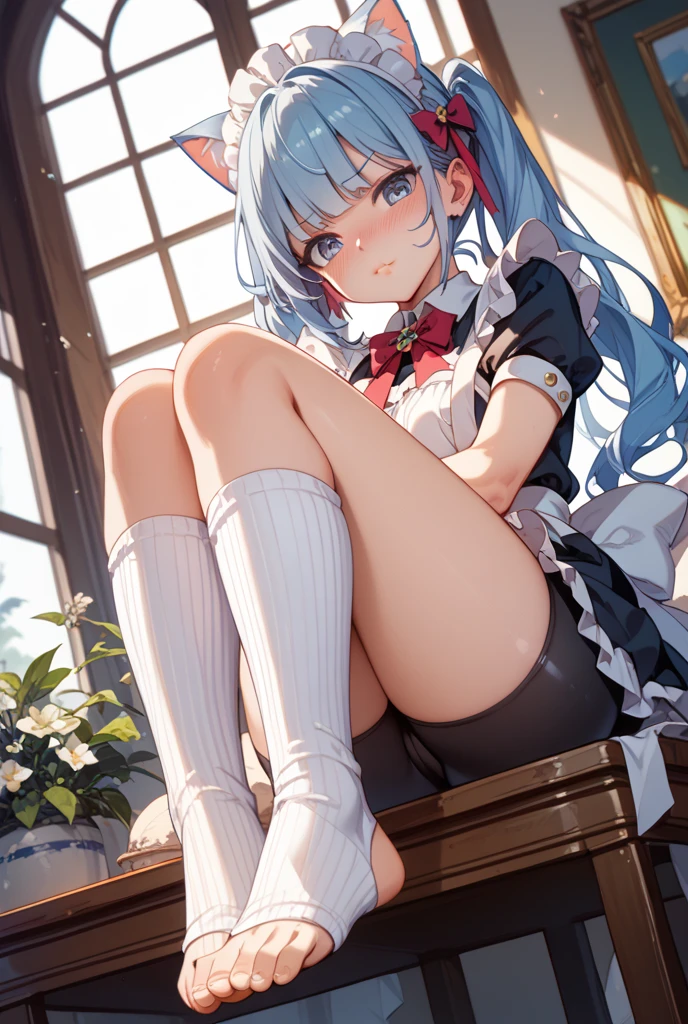 Masterpiece, best quality, official art, extremely detailed CG Unity 8k wallpaper, incredibly_absurdres, huge_filesize, art book, light, solo, loli, purple headband, blunt bangs, medium hair, platinum blonde hair, twintails, cute face, look at the audience, laugh, aqua green eyes, glowing eyes, medium breasts, school uniform, pleated_skirt, cross laced_ footwear, black pantyhose, watches, necklaces, sitting on bed, (full body)