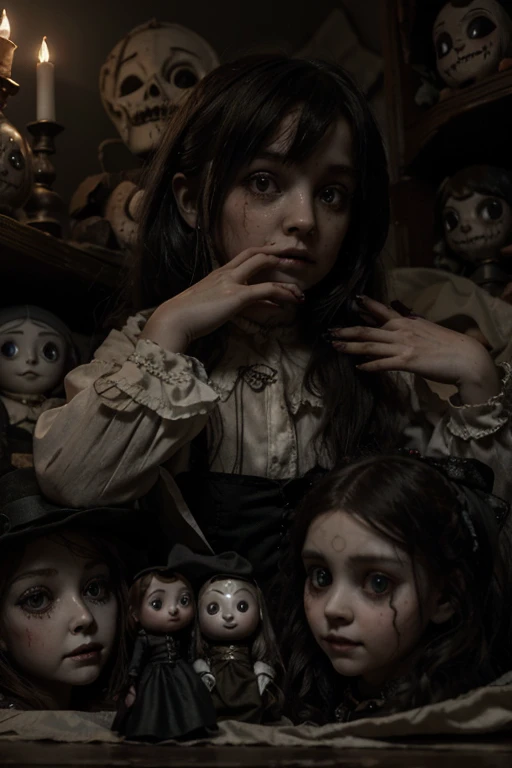 there is a doll sitting on a shelf in a room, doll phobia, several dolls in one photo, vintage doll, creepy sigma 75mm, creepy and unsettling, plastic doll, toy photo, horror photo, the sorcerer's doll, dimly lit scene, doll house, toy photography, she is looking at us, creepy marionette puppet