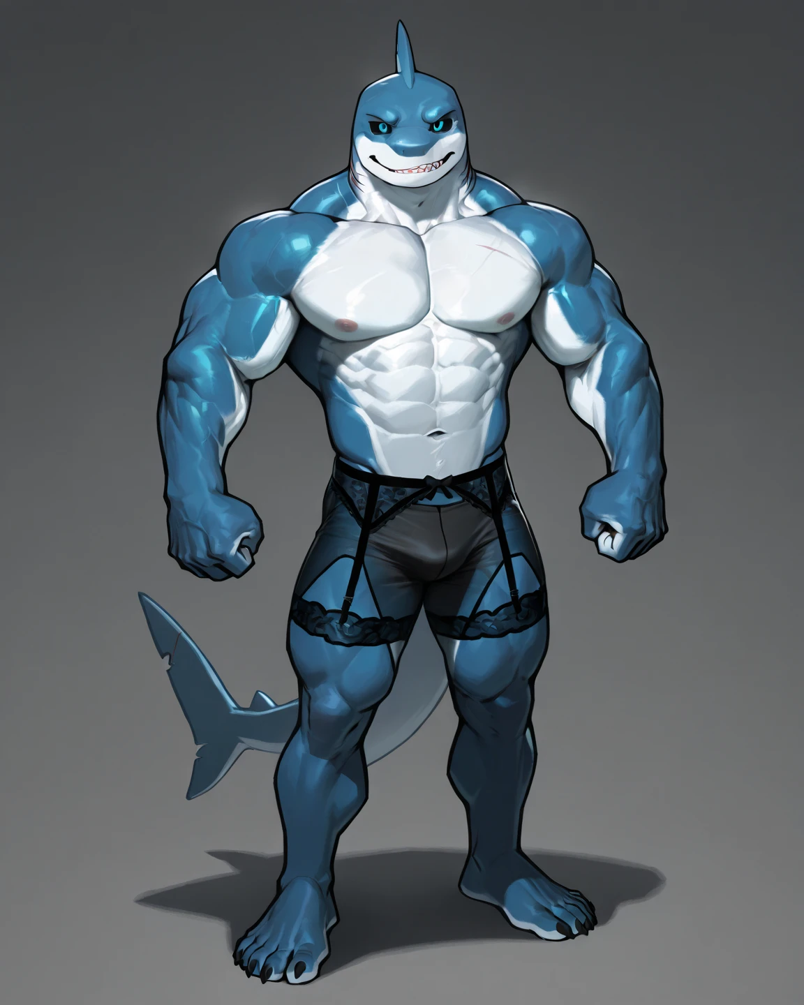 Shark anthropomorphic, blue-white skin color, male chest, Navel, nipples, full length, press, broad shoulders, muscular, tight shiny briefs, Nipple piercing, 