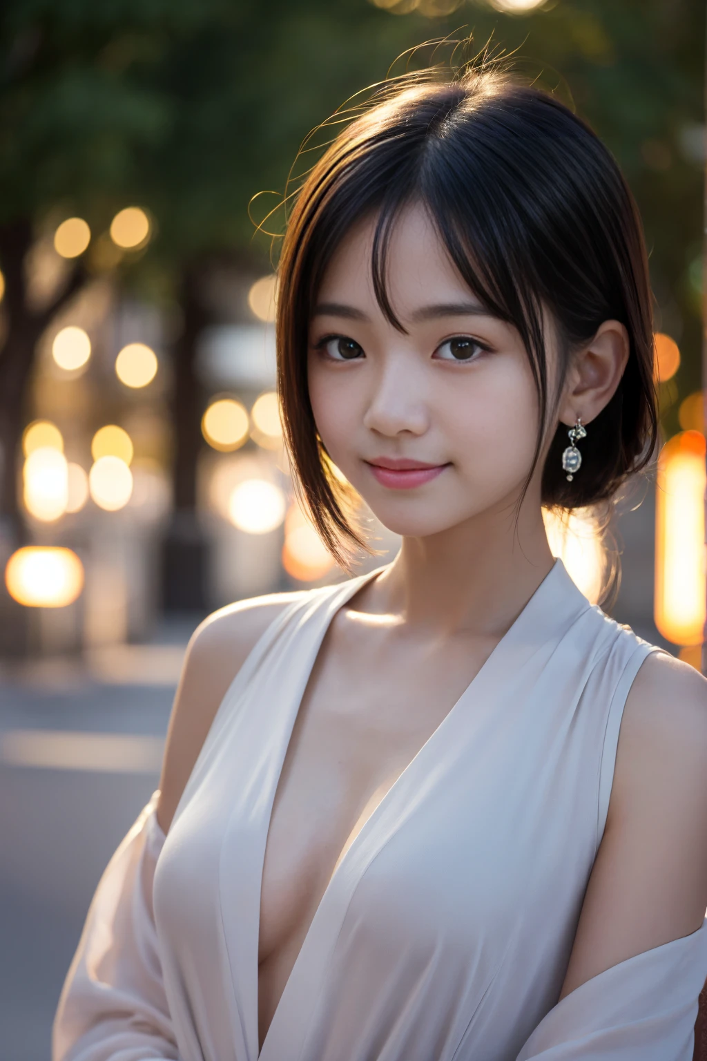 Raw photo, highest quality, pieces fly:1.2), (reality, realistic:1.37), Super detailed, ultra high resolution,1 baby girl,looking at the viewer,beautiful and detailed face,shy smile,narrow,(thin slim waist:1.3),, Beautiful and smooth skin, skin texture, floating hair,professional lighting,japanese woman,goddess、photo from head to waist、stand up straight,beautiful girl、、body turns forward、actress、Female college student、とても美しいbeautiful girl、Girl seducing a boy、New York night view、blur the background、、Wearing a dress that reveals a lot of skin、bride、beautiful breasts、chest out、beauty of japan、20-year-old、smile、short hairstyles