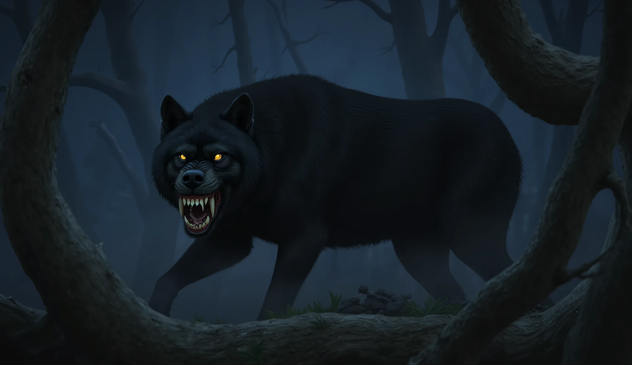 Black wolf, ferocious, vicious, nighttime, foggy, twisted forest background, high detail, masterpiece.