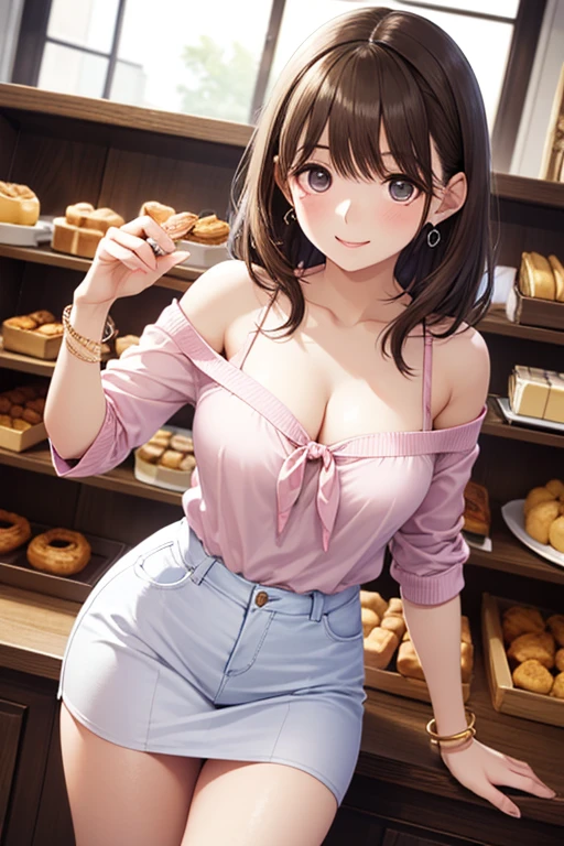 Digital painting of a woman with short brown hair, holding a slice of birthday cake in her left hand and a vacuum cleaner in her right hand, she is wearing an elegant burgundy blouse with bows near her navel, blue jeans, and burgundy shoes, athletic body, 8k