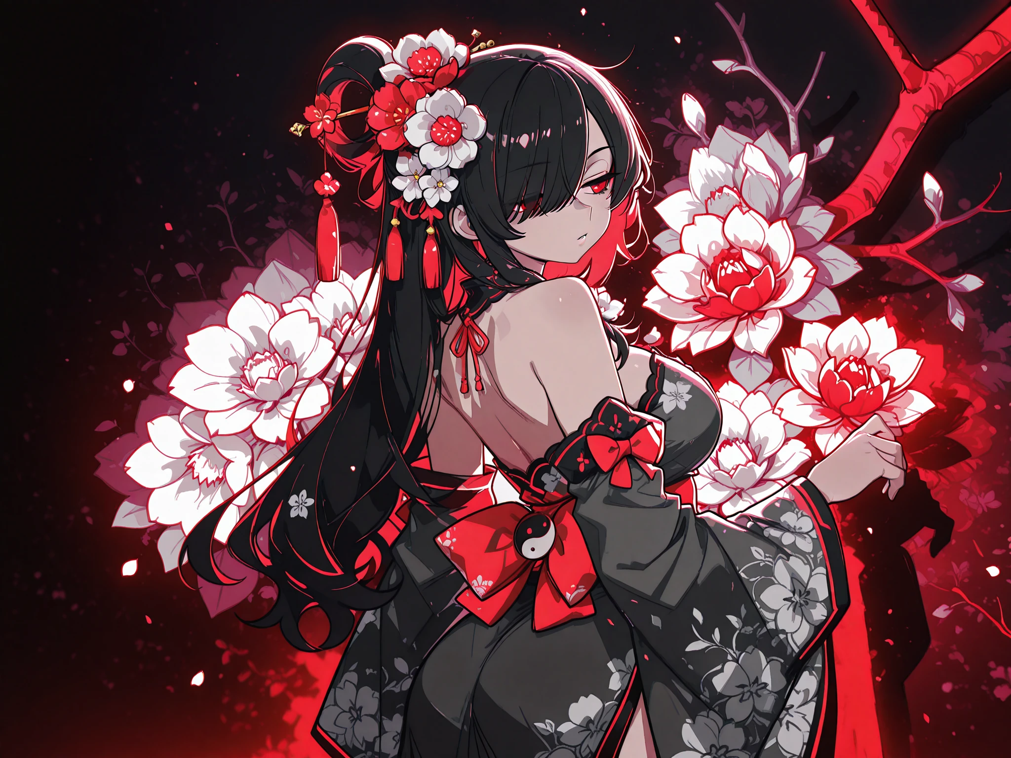 yor briar, 1girl, backlighting, bare shoulders, black background, black dress, black gloves, black hair, blood, blood on face, blood on weapon, breasts, closed mouth, cowboy shot, dress, earrings, expressionless, fingerless gloves, floating hair, floral print, flower, gloves, gold earrings, gold hairband, hair flower, hair ornament, hairband, holding, holding weapon, jewelry, large breasts, light particles, long hair, looking at viewer, off-shoulder dress, off shoulder, petals, red eyes, rose, rose petals, rose print, short hair with long locks, sidelocks, solo, spikes, thighs, two-sided dress, two-sided fabric, weapon , ((masterpiece))