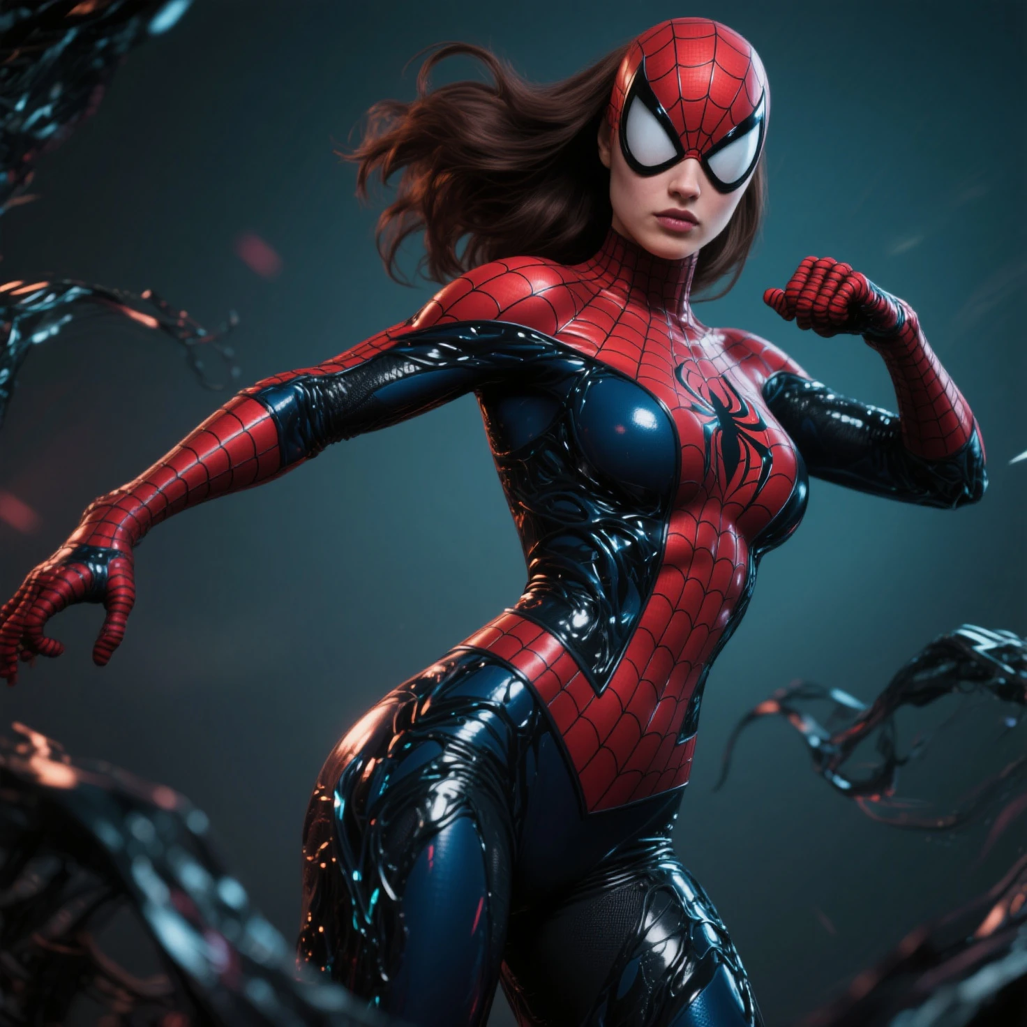 Scene from Movie, Spider-Girl from Marvel Close-Up, Distorted Space, Distorted Undead in the Background, Lens Flare, Light Shafts, Intricate Details, High Detail, Volumetric Lighting, 4k Rendering, Stock Photo, Hyper-Realistic, Realistic Textures, Dramatic Lighting, Unreal Engine