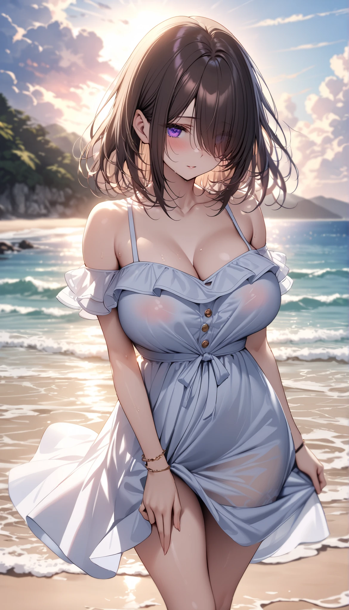 masterpiece,highest quality, Ultra-high resolution,(Beautiful woman:1.2), cute, cute face, (Natural skin texture, Realistic Skin), Photos taken by a professional photographer, Hair salon model, (Upward-facing chest, Beautiful big boobs:1.7),(blush, Happy:1.2),(enjoy:1.2), (Black Hair:1), (short low ponytail:1.2), Medium Hair, Sexy mole around mouth,Wet lips, (erupt:1.4), (Squint your eyes:1.4) ,((random color, off-shoulder shirt:1.5)), short skirt, , kawaii , park, Angle from the front, walking towards the camera, Emphasize your breasts, wonderful, Realistic Background,