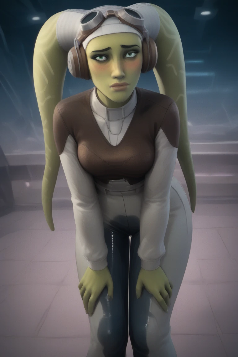 score_9_up, score_8_up, score_7_up, 1girl, solo, mature female, ((Hera Syndulla)),(( twi’lek race))(((green skin color))), long horns, blue eyes, pink lips, parted lips, fit slim body, ((perfect medium erected breast)), (((brown jacket, nude tits, brown tight thong))), (((Cyberpunk interior, living room, with neon lights))), perfect model body, wide hips, pumped up ass, (((in bed))) (((doing blowjob)))(((sucking penis deeply)))(((penis in her mouth))) (((deep blowjob))), (((from above))), lewd view,