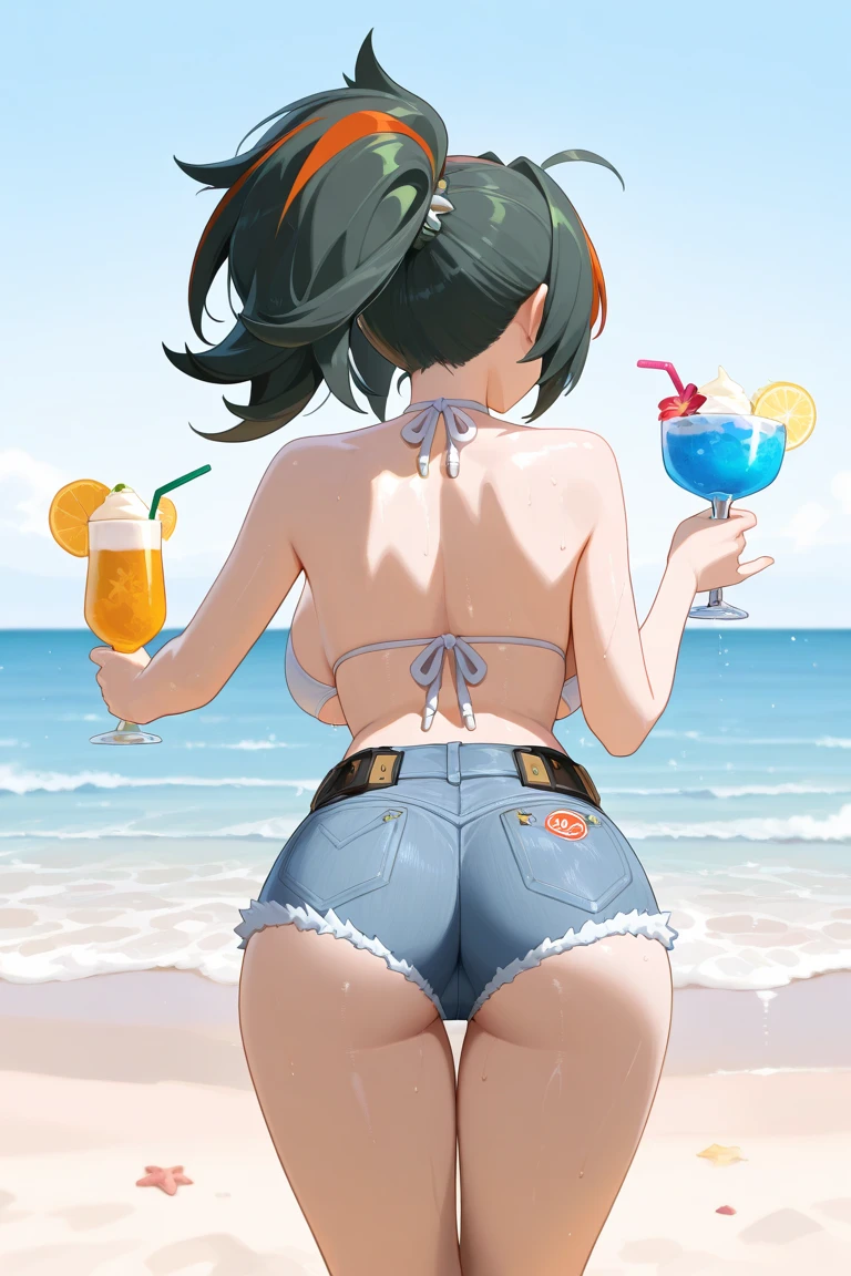 High resolution, high quality, One girl, Anime Girls,dark purple hair,short hair,bob cut,blunt bangs,dark purple eyes,heart shaped pupils,tareme,ahegao, Glowing Skin, Large Breasts,beautiful breasts,pointy breasts,long nipples, Big Ass,beautiful ass,Embarrassed,sweat,wet,open legs,Groin tattoo,glowing tattoo,Tank Top,pink highleg cheerleader,lower body,open legs,cherryblossom,at cafe,(lemon juice),(orange juice),(Pineapple juice),(Mango juice),(water),
