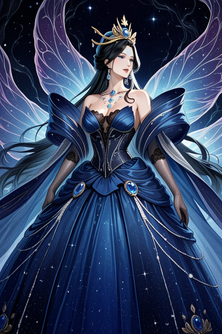Gothic style beautiful woman wearing a Pastel Blue (crystalline dress) <lora:xl_crystalline_dress-1.0:0.8> . Dark, mysterious, haunting, dramatic, ornate, detailed