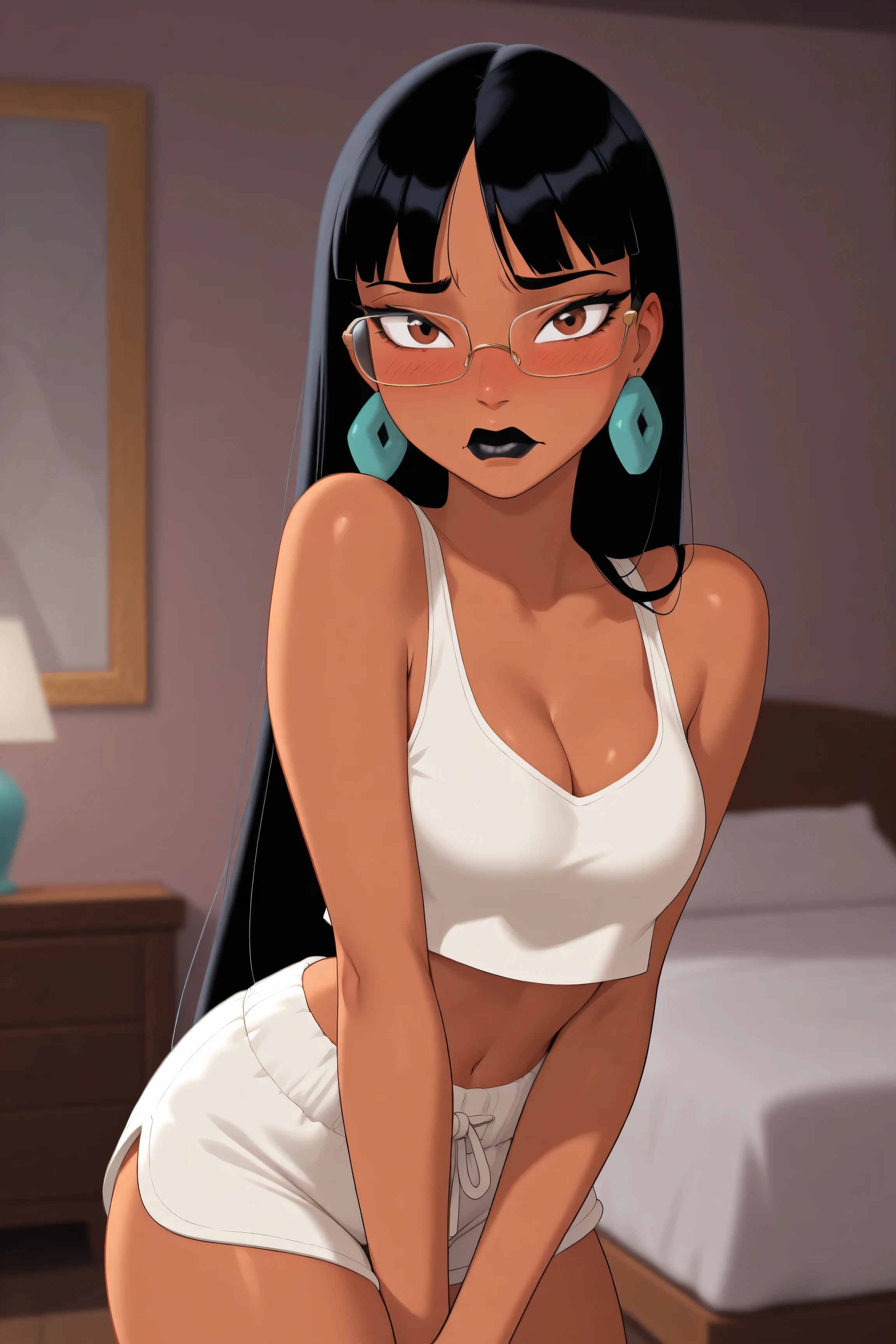 in bedroom, A masterpiece, high quality, very aesthetic, absurd, small waist, one girl, chill, black hair, long hair, sharp bangs, brown eyes, dark skin, black lips, embarrassed, cleavage, earrings, looking at the viewer, wearing glasses, wearing croptop and shorts