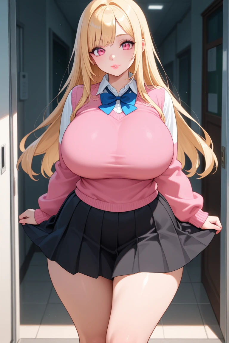 A Cute Girl, and now (her Thighs have Significantly Overinflated to Uncomfortably Huge extremes), and now (Her Breast size has TRIPLED), (Biggest Thighs), (Bustiest, Biggest, Largest Breasts), A Fully Over Developed High-School Girl, Standing in the school hallway, ((Extremely Embarrassed)) from her barely being contained by her increasingly Tight School-uniform, Her Breasts and Thighs are just TOO Absurdly Huge, Her body is just TOO excessively Overly Thick,
