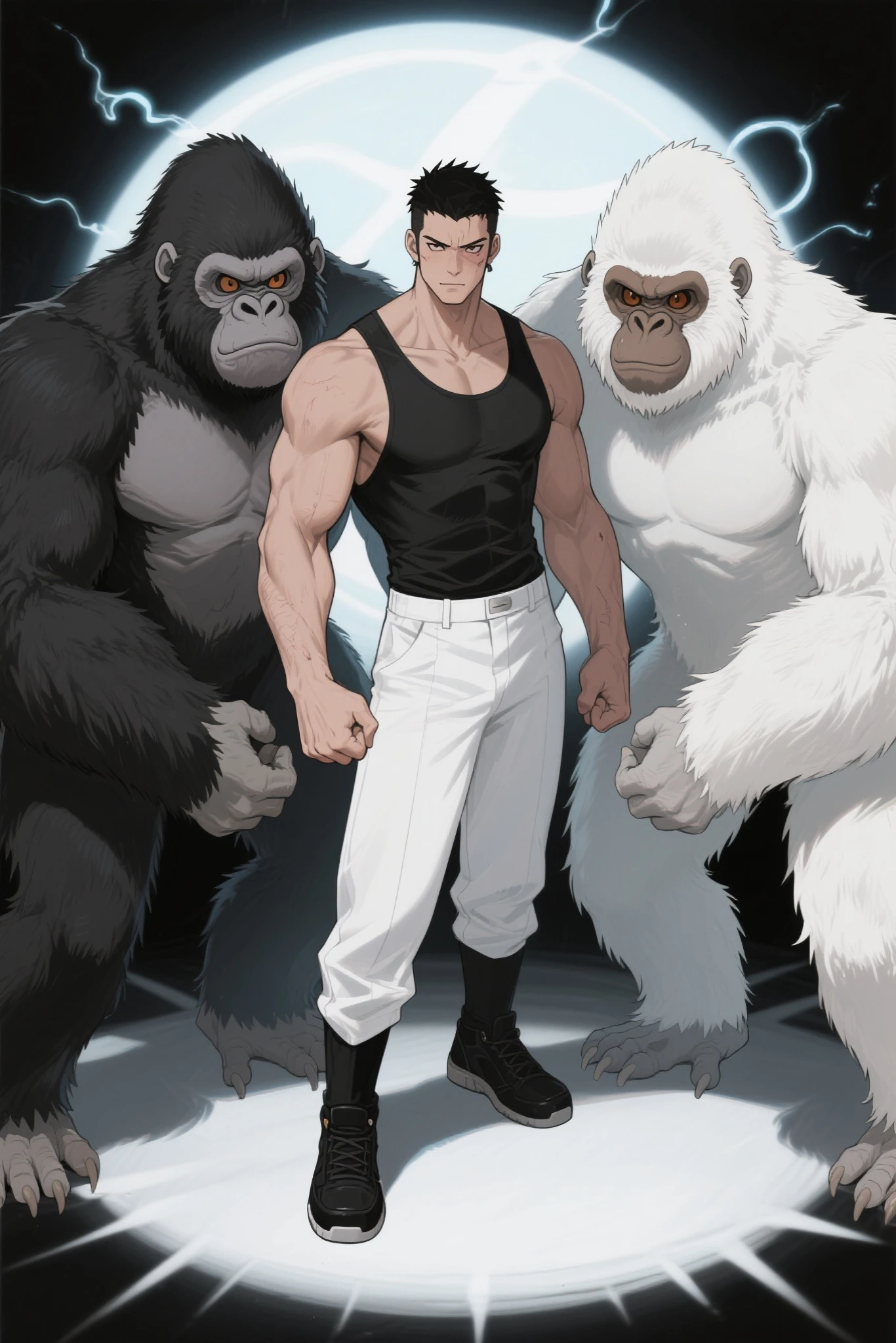 8k Resolution, anime color tone, anime cell shading,Male 1, Gorilla 2, white gorilla and black gorilla on both sides of the man, Goleine, ブラックGoleine, ホワイトGoleine, psychic ability  ,Embodied System, Male 1 is black hair and short hair, and brown eyes, Male 1 wears tank top White bottoms, black shoes, Male 1 is Powerful Biceps, ugly man