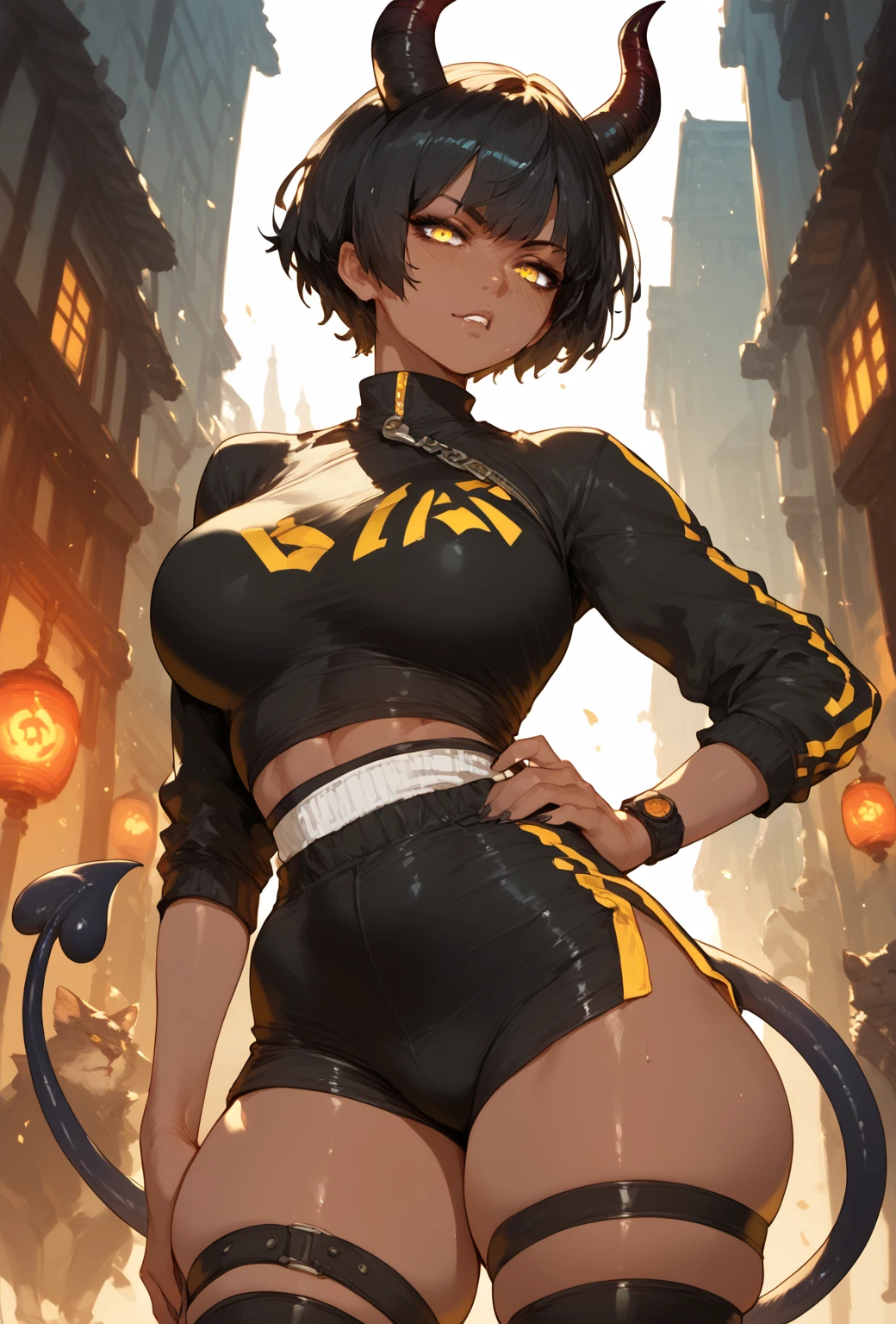 Cute girl, primitive girl, short black hair, yellow eyes, stone age clothes, big breasts, wearing tiger skin