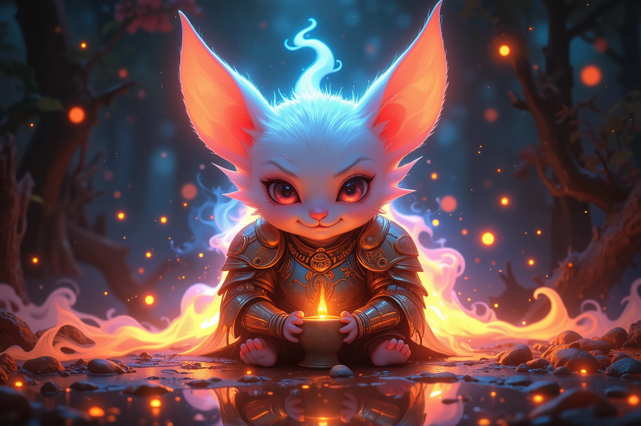 The spirit is seated on the table. A beautiful darling with a sharp smile, has pointed ears and a long fluffy tail, the same spirit in the round shape, has beautiful mirror-like eyes and thin mustaches on her face, translucent creature, floats in the air , sweet and cute , of the rays of God, armor, high quality, intricate details, clearly, 8K, mystical light , beautiful colors, rich colors, beautiful background,