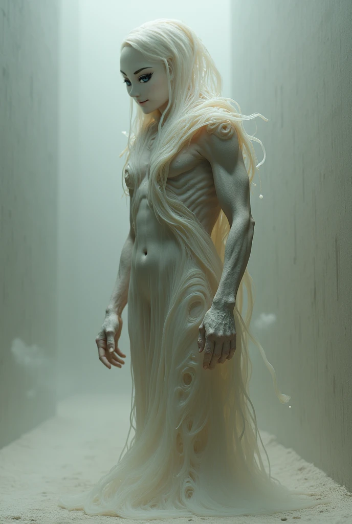 (masterpiece, best quality, 4k, hyperrealistic, dreamlike, Dark Souls:1.35), (alien beautiful pale translucent albino ageless immortal weak lithe slender androgynous male parasitic impotent god with (beautiful eyes) claws (sharp teeth) (long hair) (flat chest) (male crotch bulge) (soft belly) (weak stomach):1.5)