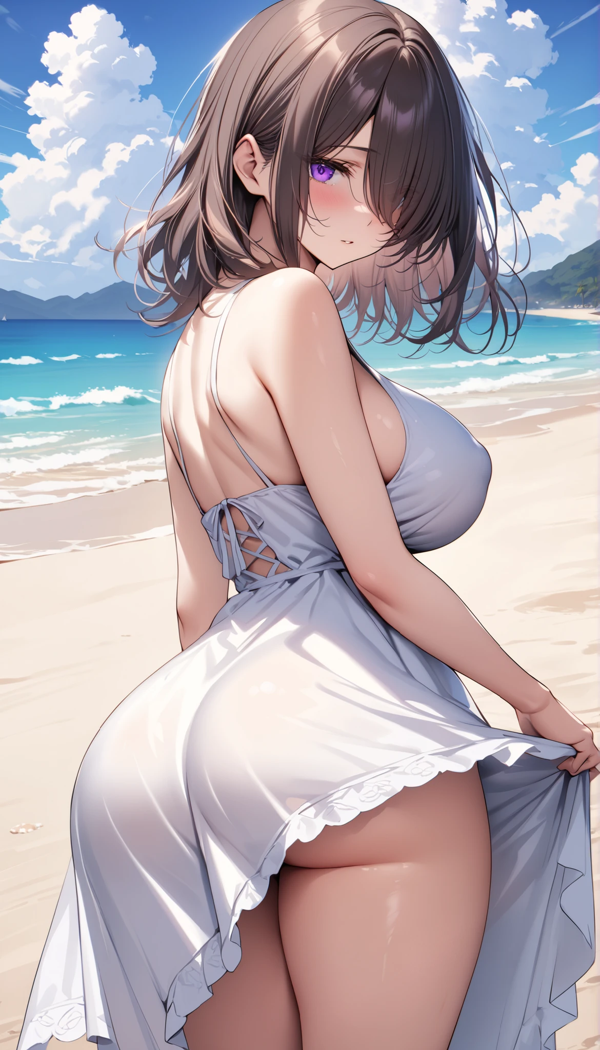 夏天, suns, the ocean, sea beach,Beautiful woman in white sexy lace thong lying on the ground,Give the butt a little close-up,Wear beautiful accessories --v6
