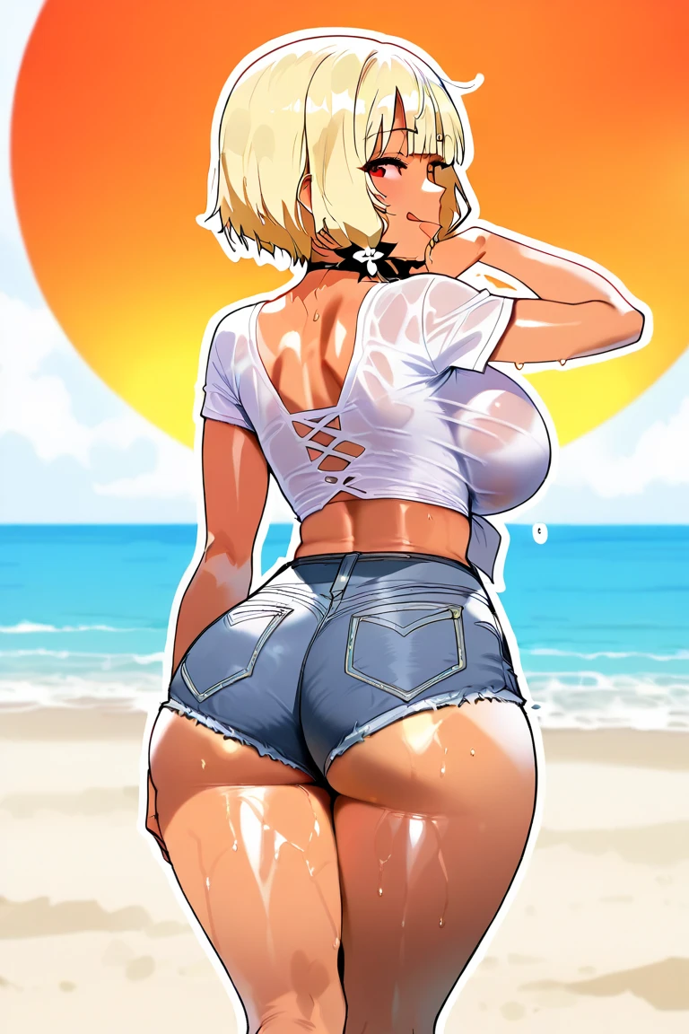 最high quality, 8k, High resolution, high quality, masterpiece, beautiful, (Anatomically correct:1.2), 30th Generation, A beautiful woman, Silky Blonde, jagged hair, Orange eyes, (Brown Skin:1.3), Attractive person, Soft looking huge breasts, Leopard print micro bikini, (Blue short jeans), Night Beach, ear piercing, (1girl:1.3), back vaginal,sex, naughty face,