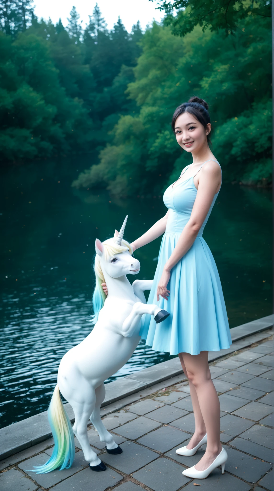 rose girl, blue skies, abstract art, beautiful lips, three colors, space melodies, 4k, high quality, detailed, masterpiece, cinematic, dramatic lighting, ethereal, surreal, digital art, hyperrealistic, 8k, sharp focus, vibrant colors, neon, glowing, dreamlike, cosmic, mystical, magical, fantasy,chubby、Mature Woman、is plump、crouching、Miniskirt、high heels、My white underwear is off、pussy、angle from below、Front Angle、 Female Teacher、big 、Muremure、top quality、I can see it right in front of me,(NSFW:1.2),(Japanese girl:1.3),(very cute female:1.2),(very young girl:1.2),White dress,small breasts,Standing,(Touching a unicornThere's a unicorn standing next to her),beautiful slender body,(子供のような顔, 小顔:1.4),kind smile,long straight hair,black hair,bangs,In the forest,On a big lake,(mystical atmosphere:1.2),(Next to stands a white unicorn:1.5),(1 person:1.4),Break,(((score_9, score_8_up, score_7_up, masterpiece, Ultra high definition，best quality, Super detailed, ultra-high resolution, realistic, photorealistic, RAW photos, 8K))),far full body pov photo of a 28-year-old cute (punk) excited ((very Busty)) Japanese woman posing on a busy (sidewalk in Harajuku) showing off her ((Fairy Kei)) style clothing with pastel colours, (short cute hairstyle) , (cyberrealistic) photo shows her posin, to show off her full cute outfit, soft lighting 
