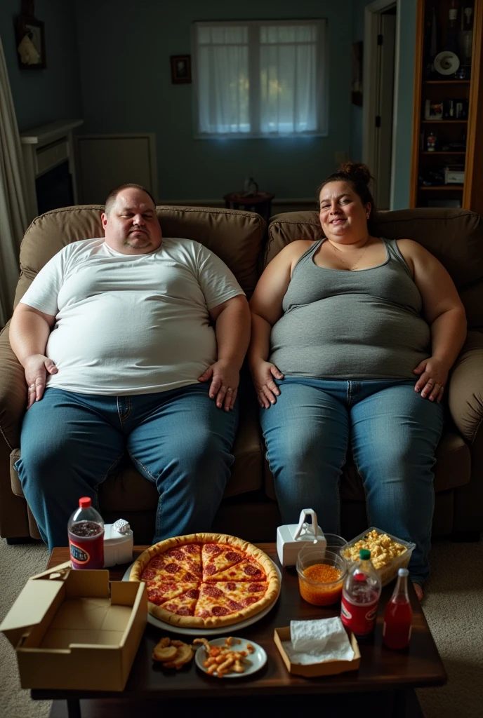 (A female athlete, the epitome of fitness and beauty, with a body sculpted like a Greek goddess, standing tall and proud in a modern, well-equipped gym. Her chiseled abdominal muscles ripple as she smirks, showcasing her dominance. Her boyfriend, a stark contrast at 350 kg, lies on a plush, food-laden couch in the center of the room, surrounded by a mountain of fast-food wrappers and containers. His flabby body is covered in crumbs and grease, a clear testament to his indulgence in the fatty foods she feeds him. With a playful yet firm grip, the athlete holds a dripping cheeseburger in one hand, teasingly bringing it to his lips as he opens his mouth to accept it. Despite his protests and whimpers, she continues to satisfy her feederism fetish, ignoring his pleas for mercy. His eyes, once filled with love and adoration, now reveal a mix of fear and desperation as he realizes he is merely an object to satisfy her desires. The gym's mirrors reflect their disparate figures, highlighting the power dynamics at play. The room's lighting casts a stark contrast between her toned physique and his shadowy bulk, symbolizing the stark divide in their lifestyles and roles in this unorthodox relationship. The scene is both captivating and disturbing, leaving the viewer to ponder the complexities of control, desire, and the human form.she alwayad tied up her boy friend in the chair, so it will be easy for him to force-feed her boyfriend , As a result of her actions, her boyfriend stomach became so big that it hung down to his knees.