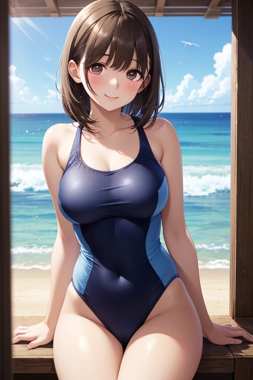 (Masterpiece), 8k wallpaper, solo, Watanabe you, one-piece swimsuit, v-neck, low cut at hips, worried, upset, (quicksand:1.2)