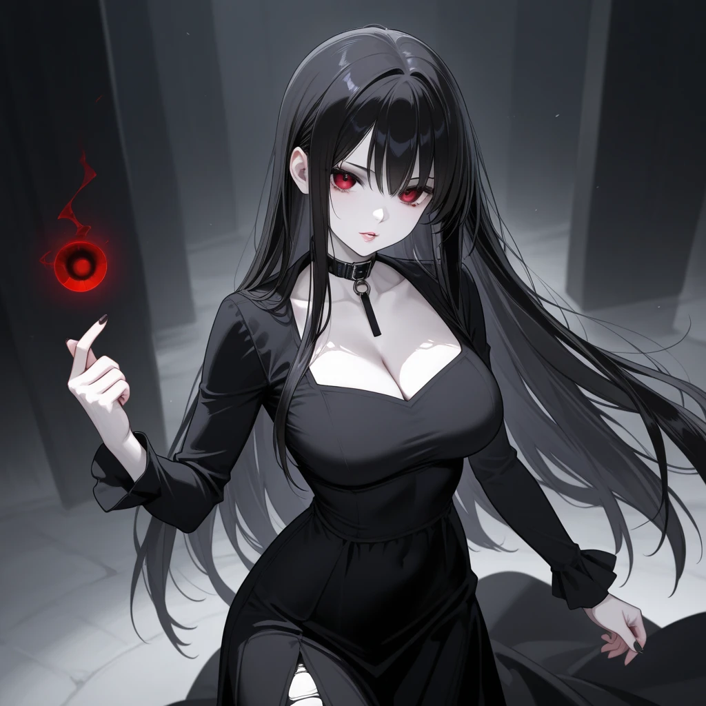 1 Girl、Black Hair、Long Hair、Red Eye、front、Cigarette smoke、haze、Smoking a cigarette、Red Corner、Pointed Ears、Black sweater、Shoulder Bare、hot pants、From the waist up、{sad}、masterpiece、Highest quality、Very detailed