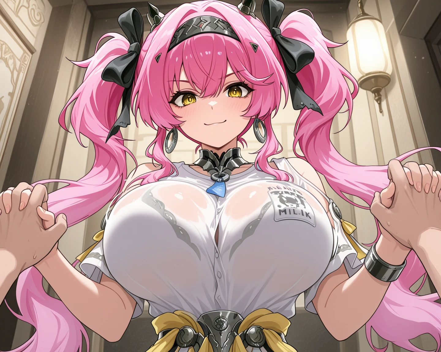 masterpiece:1.2, ((Guilty Gear: Strive game)), ((Baiken character)), 1women, (best quality), (real picture, intricate details, depth of field), make up, parted lips, highly-detailed, perfect face, (huge breasts:1.8), (skindentation), attractive waist, tall, glossy coral lips, moderate musculature, toned abdomen, beautiful navel, (extra long high pink ponytail :1.2), (white ribbon in hair) (beautiful bright pink color eyes), face ornament, sexy, (dressed in a kimono in red, white and black shades), (women's fundoshi), (white female fundosi), (blushing, drunk), sleepy expression, peaceful atmosphere, massive cleavage, disproportional tits, hanging breasts,
(the left eye is closed, eye patch on the left eye), (the left hand is missing, the left hand is hidden),