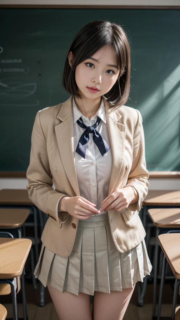 One Woman、((Standing wearing a blazer and miniskirt school uniform))、Primary school students,((small breasts)),Highest quality、Very delicate and beautiful、((Very short bangs))、((Bangs))、明るいつやのある茶色の髪のHighest quality、Very delicate and beautiful、((Very short bangs))、((blunt bangs))、Light shiny brown hair、The hair is light、((Short Bob))、Cute face、Young face、Cute like an idol、Are thin、Slim figure、slender、Short、 body type、((Background is an elementary school classroom))、Thighs、Shooting from below、Low - Angle、Dutch Angle、Emphasis on the crotch、ceiling、