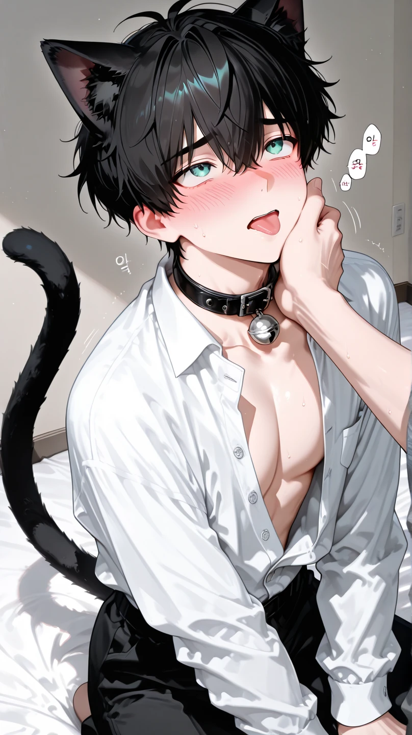 masterpiece, best quality, ultra detailed, (solo man), (male focus), ((young adult man)), ((Oblong face)), ((Square jawline)), black hair, ((hairs between eyes)), ((shoulder length)), ((narrow blue eye)), fair skin, skinny body, beauty mark, nsfw, wet skin, cat boy, cat ears, cat tail, spread legs